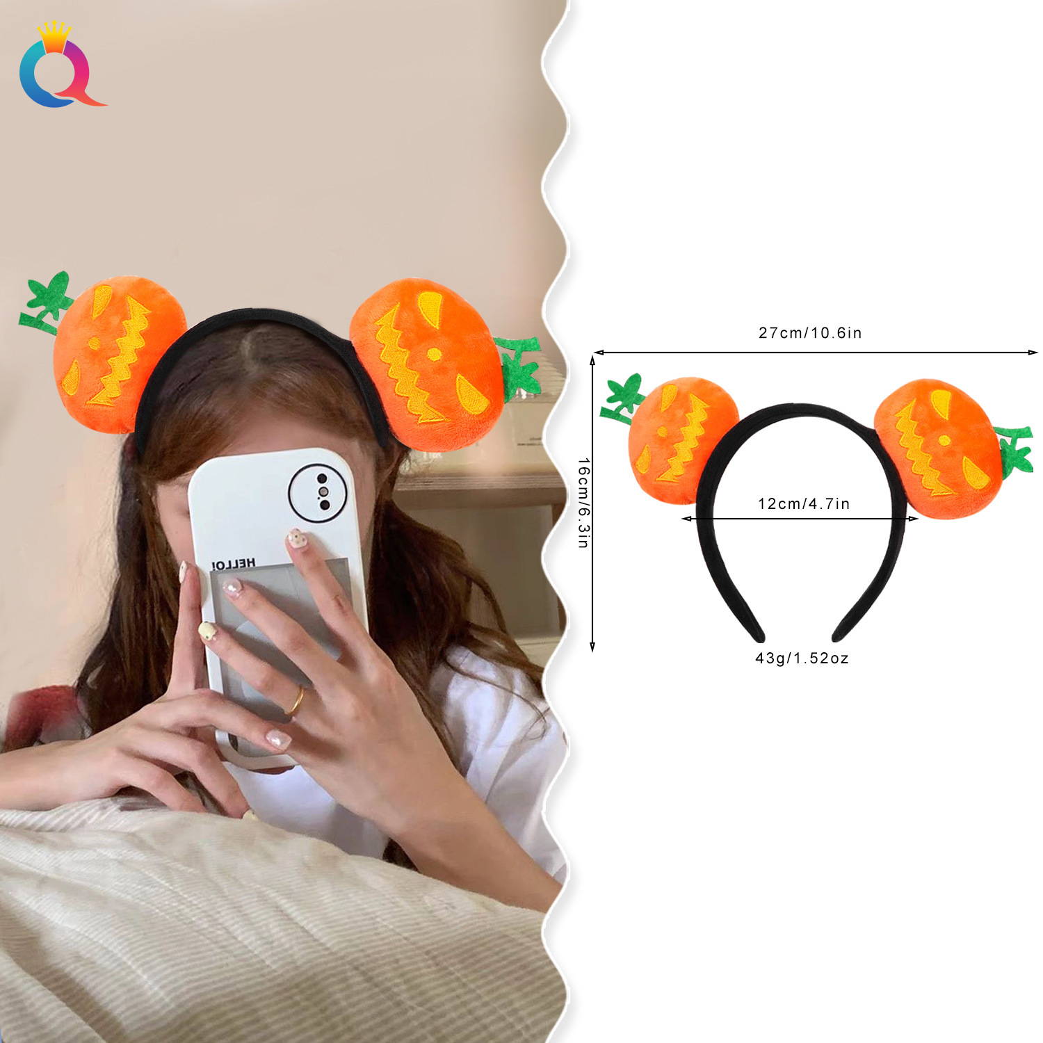 Qiyue Cross-border Halloween Smiling Pumpkin Hair Band Headband, High School Girls' High Head Head Lifting Hair, High-end Hairhole Hair Accessory wholesale details Picture