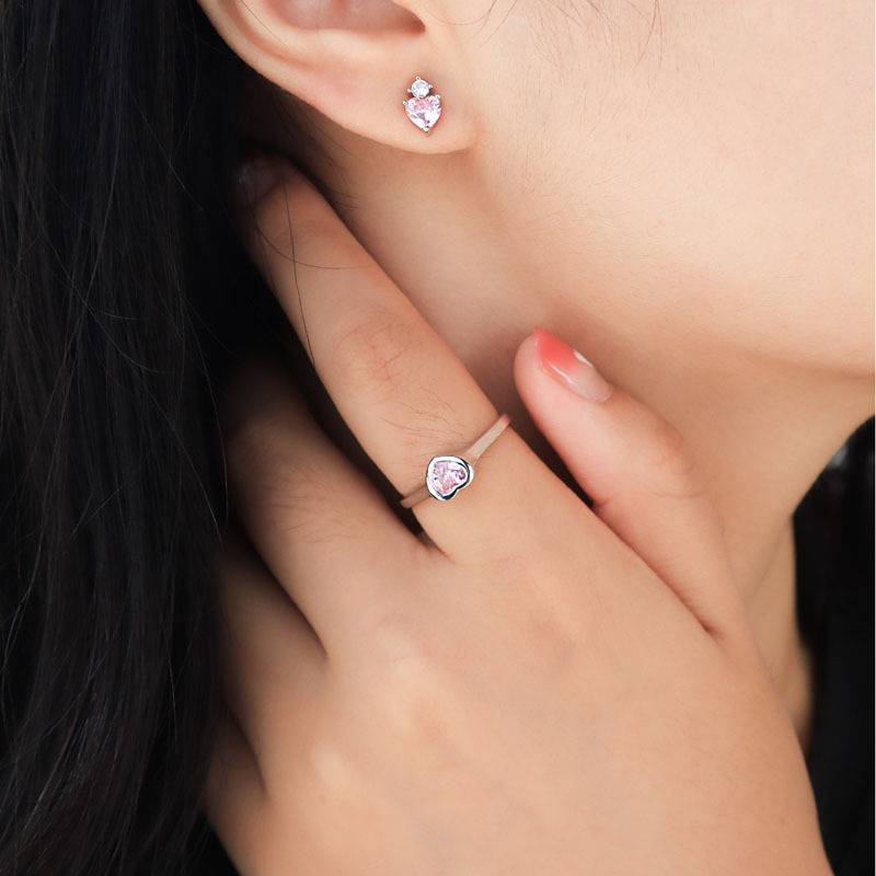 Cold and sweet style, pink diamond heart set open ring, simple and versatile, niche design, trendy and light luxury ring for women details Picture