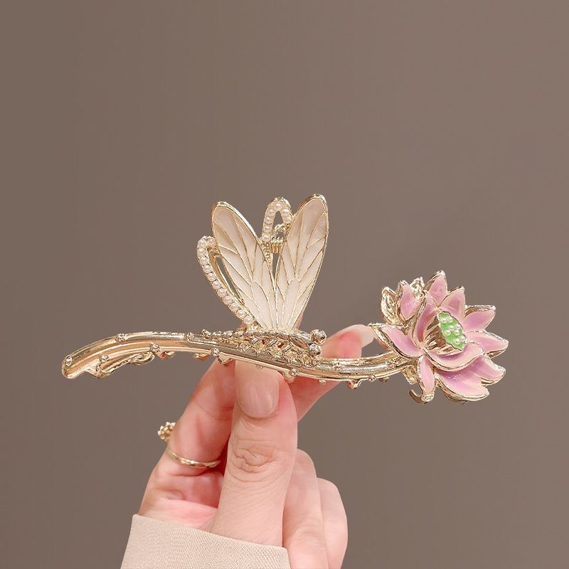 The traditional Chinese style hair clip with fresh lotus flowers, classical elegance and retro style, the children's back head updo shark clip, a high-end feel details Picture