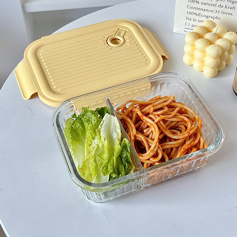 Wholesale of InS-style high borosilicate glass lunch boxes with pull rings, microwave oven dividers, rice bento boxes, and fresh-keeping bowls with meals details Picture