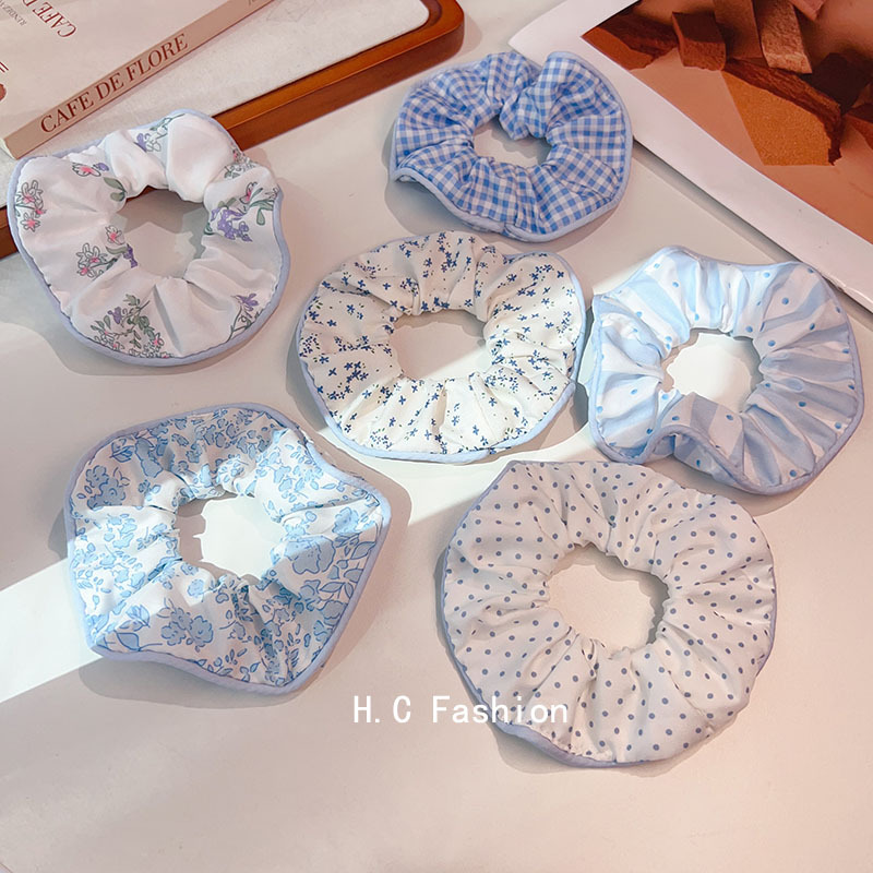 Sea salt blue polka dot checkered floral large intestine hair tie, sweet and versatile fabric hair tie, leather band hair accessory full figure
