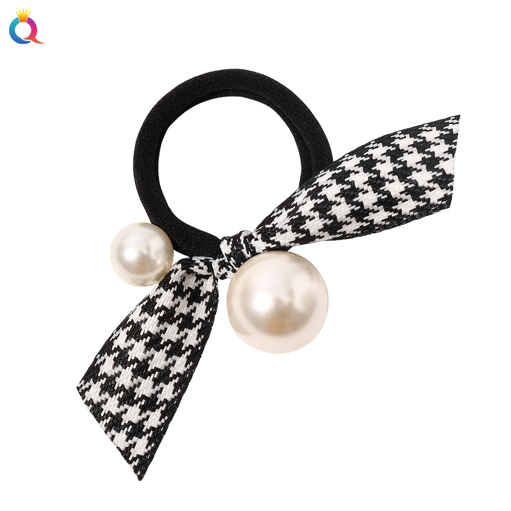 Qiyue Xiaoxiangfeng black bow hair band, thousand-bird check pearl hair tie, hair band, sweet internet-famous hair accessory for women wholesale Item Picture