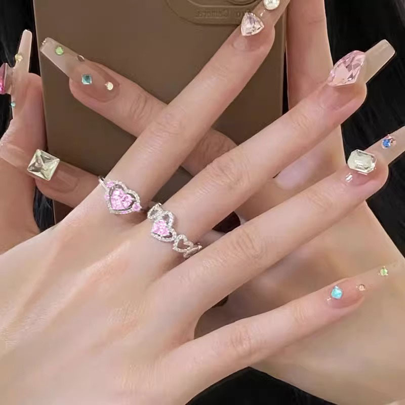 New sweet and cute girl pink diamond ring for women, light luxury, unique adjustable, fashionable and individual, versatile open ring Specification drawing