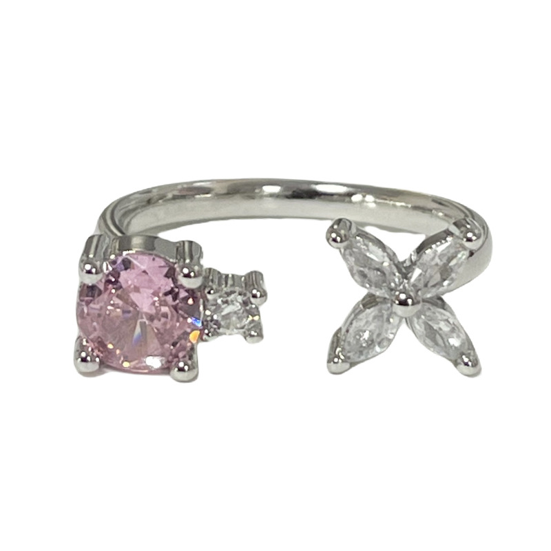 A light luxury sweet and cool pink diamond heart-shaped flower star geometric opening ring, a delicate and fashionable female niche cold style ring Item Picture