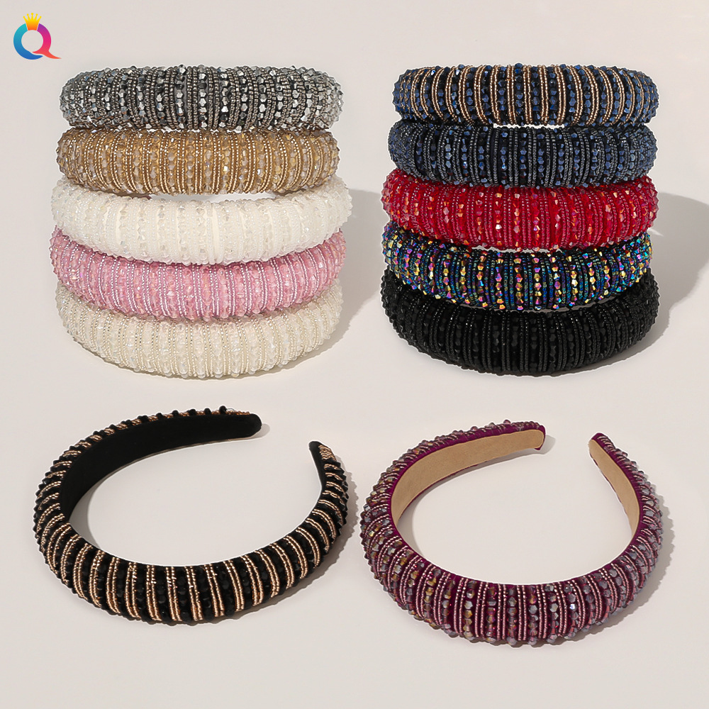 Qiyue European and American Baroque crystal hair bands, sponge wide edge headbands, hand-woven beaded women's hair clips and hair accessories wholesale details Picture