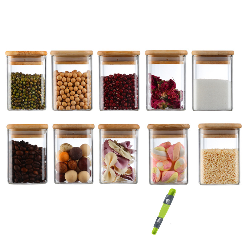 Cross-border bestseller glass seasoning jar with measuring spoon 210ml/7oz set, salt jar, sugar jar, pepper powder storage jar Item Picture