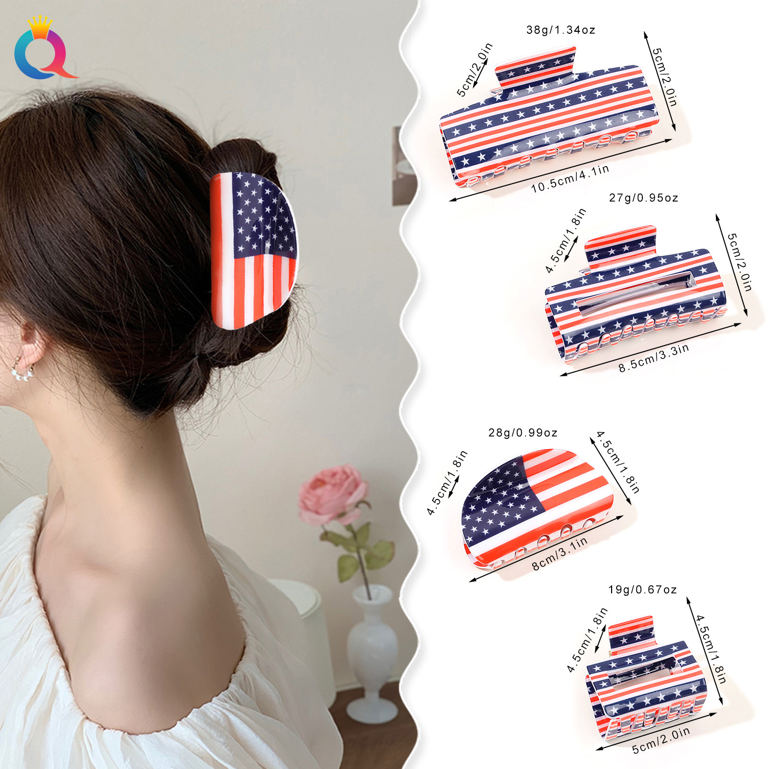 Qiyue Cross-border American Flag hair clips, updo hair clips, shark clips, star grab clips, large hair volume, wholesale of accessories in Yiwu details Picture
