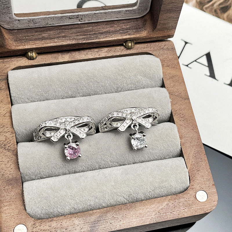 Korean sweet bow, pink diamond tassel, elegant open ring, women's niche design, fashionable and versatile ring accessory Specification drawing