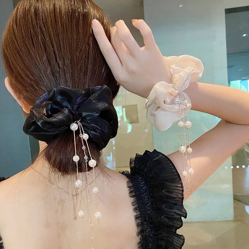 Pearl tassel large intestine hair band, Korean high-end style, women's ponytail hair tie, hair tie, popular rubber band ponytail, French style details Picture