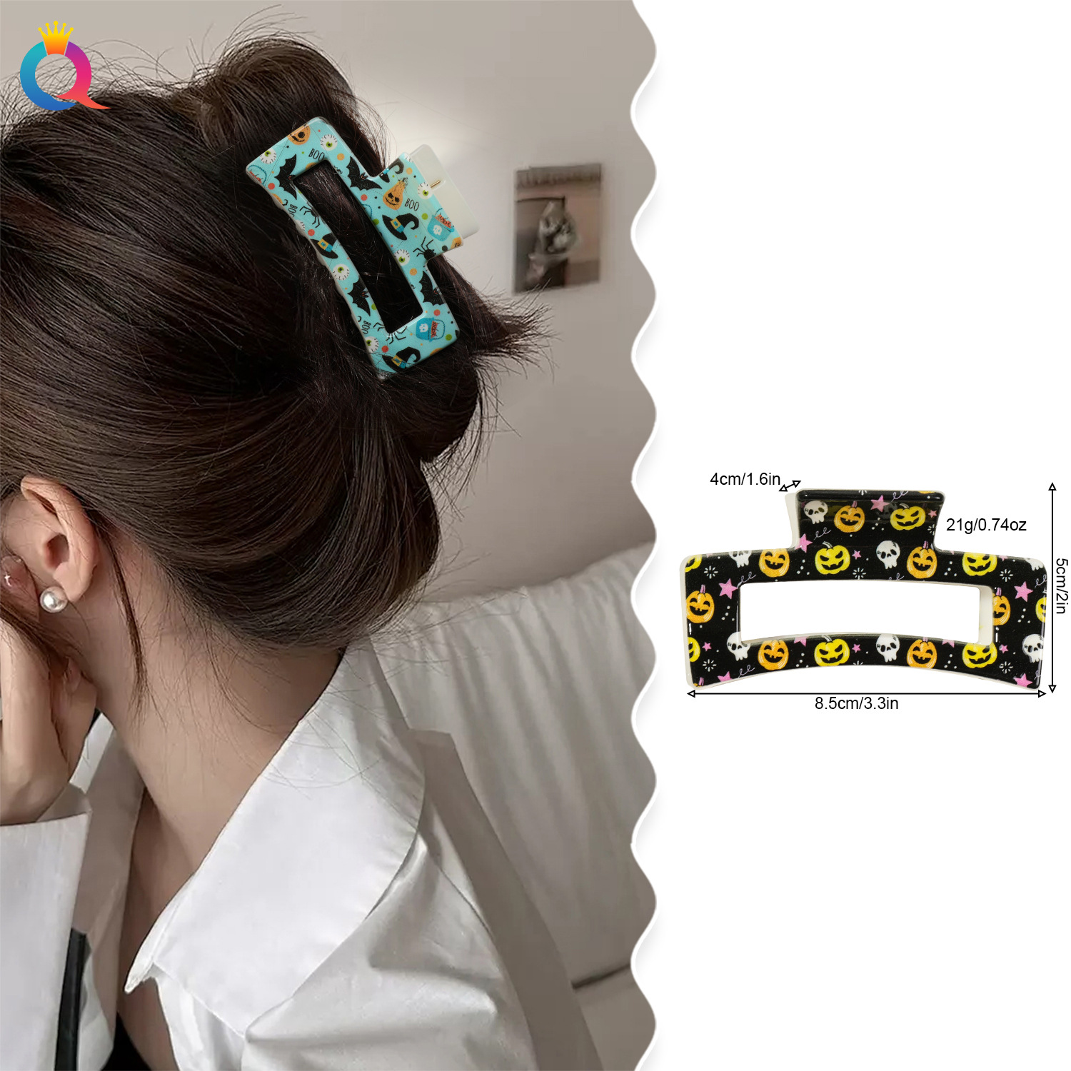 Qiyue European and American Cross-border New Halloween Skull Ghost UV printed Shark clip, grappling clip, hairpin headwear for women wholesale details Picture