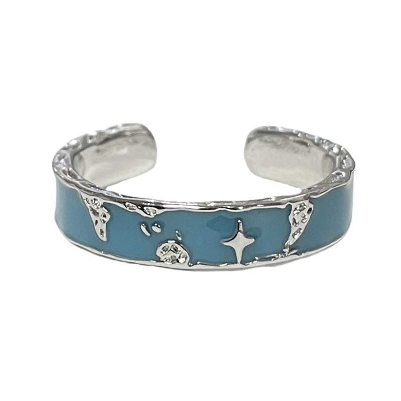 The new blue glazed splash fish tail open ring with an irregular map, simple and niche, layered couple ring trend Item Picture