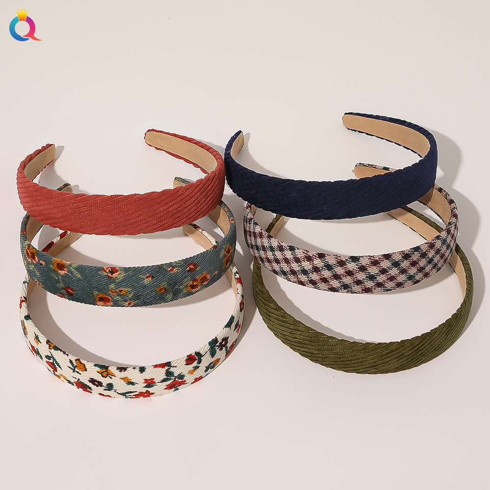 Qiyue Cross-border Retro checkered floral headband Corduroy headband French sweet Girl Hair Carson style hair accessory details Picture