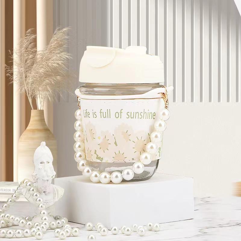 High appearance level InS-style pearl chain sunflower double drinking straw cup, pearl cup souvenir straw cup, one-piece consignment details Picture
