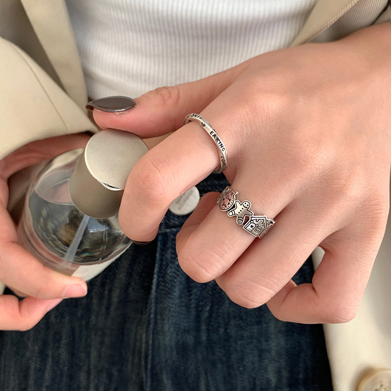 Retro and aged cartoon character open ring, female Instagram hip-hop adjustable index finger ring, cold style high street ring Specification drawing