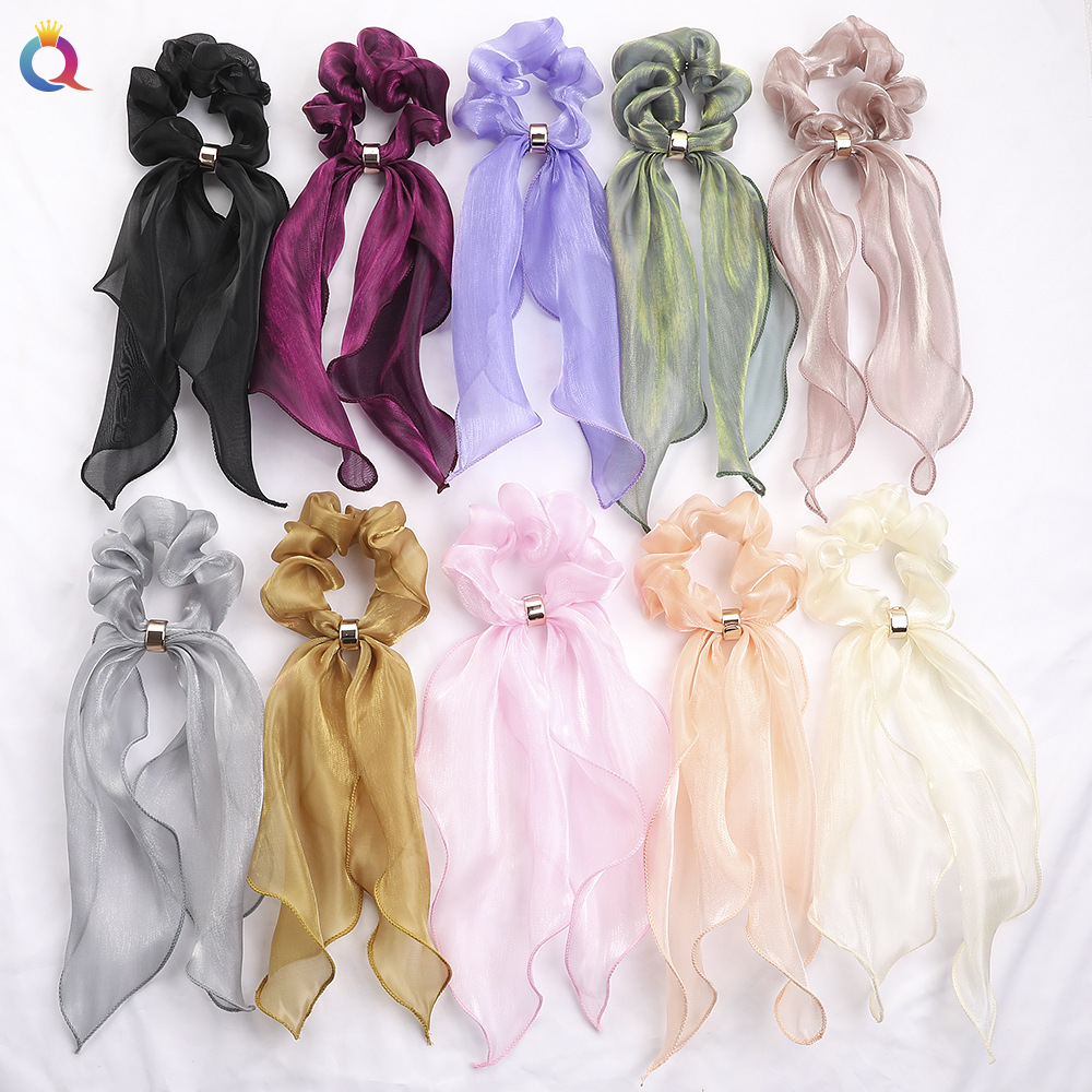 Qiyue Cross-border Super Sweet and fairy-like solid-color silk fabric ribbons, hair bands, hair accessories, hair coils, large intestine hair ropes factory wholesale full figure