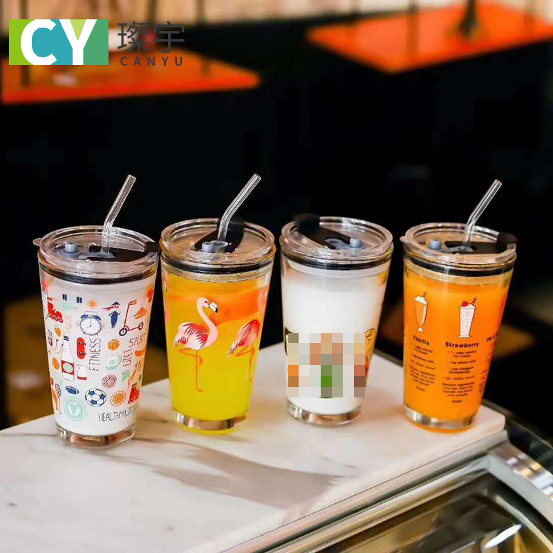 Glass-handled cup, oat milk cup, cartoon glass coffee cup, milk tea straw cup, handle juice drink cup details Picture