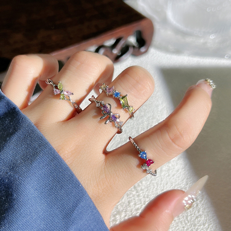 Sweet and cute girl's colorful diamond bow open ring, layered for women, exquisite and elegant, niche and cold style, versatile ring trend details Picture