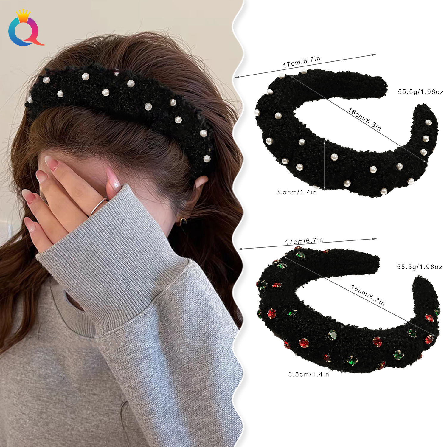 Qiyue Cross-border Autumn and Winter High Skull Top plush hair band for Women, high-end pressure-sensitive hair and face wash pearl headband hair Accessories wholesale details Picture