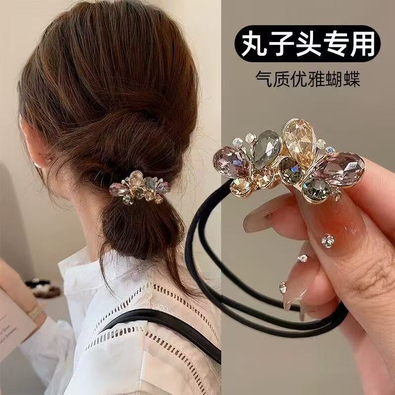 New Korean-style water diamond bow, high-end hair tie, women's semi-tied hair accessory, bun hairstyle, leather band hair tie full figure