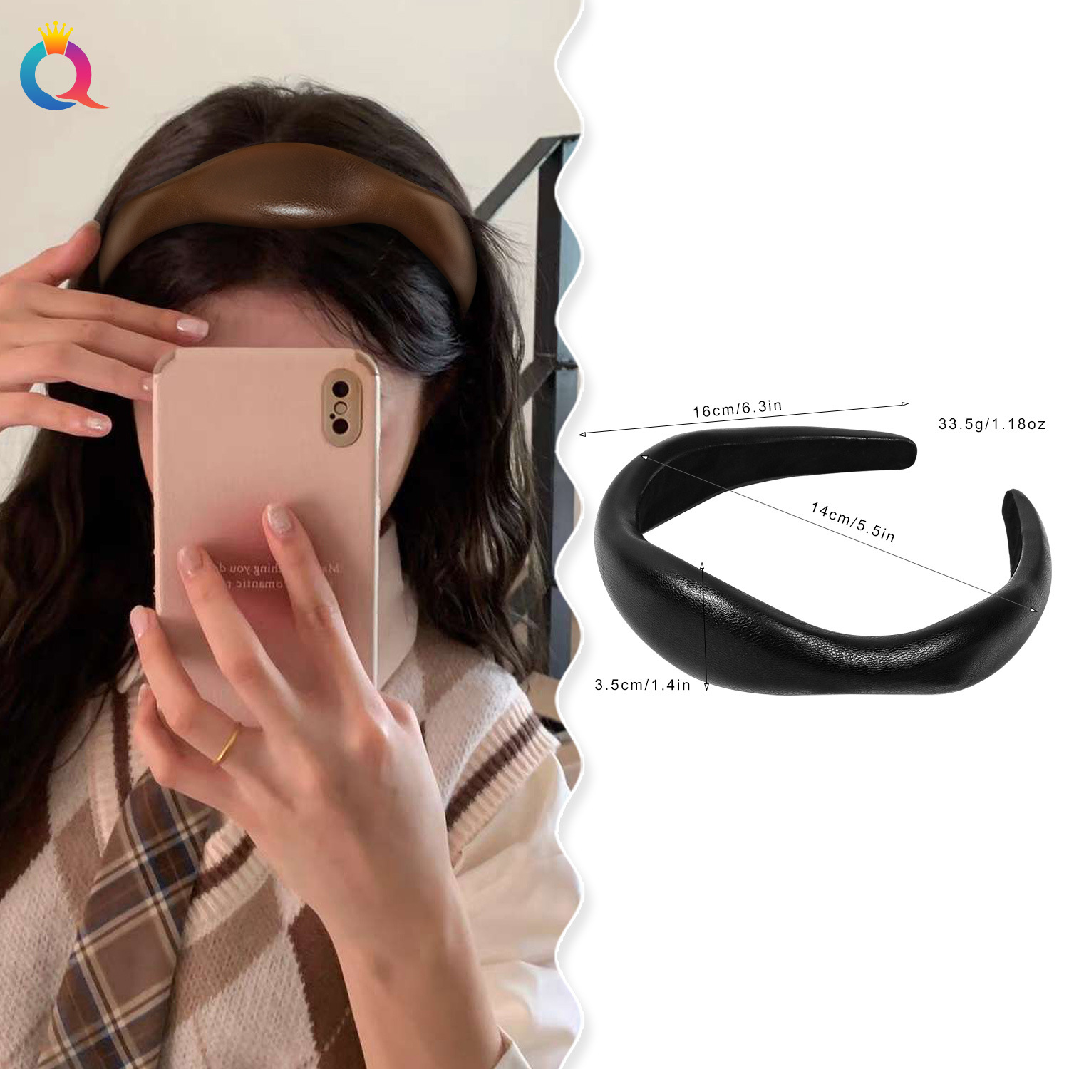 Qiyue Cross-border Irregular PU Leather hair band, women's high skull top pressure hair, face wash headband, hair clip, hair accessory wholesale details Picture