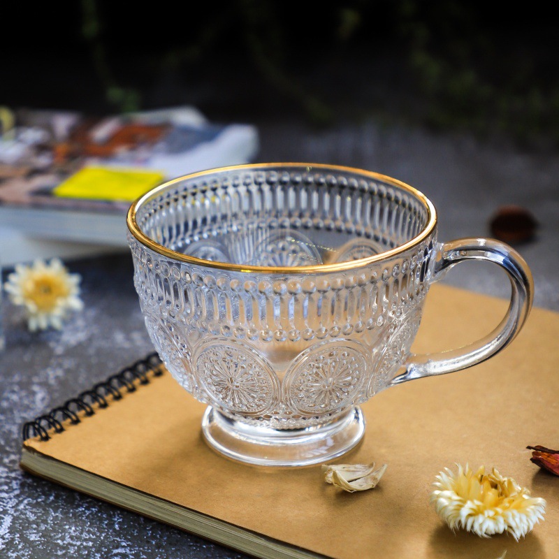 Sunflower retro relief glass breakfast cups, household large-capacity milk tea oat milk cups with handles wholesale full figure