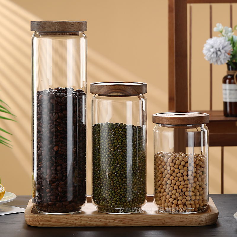 Cross-border best-selling Xiangsi wood high borosilicate glass storage jars, transparent glass jars for grains, storage bottles, and tea sealed jars details Picture