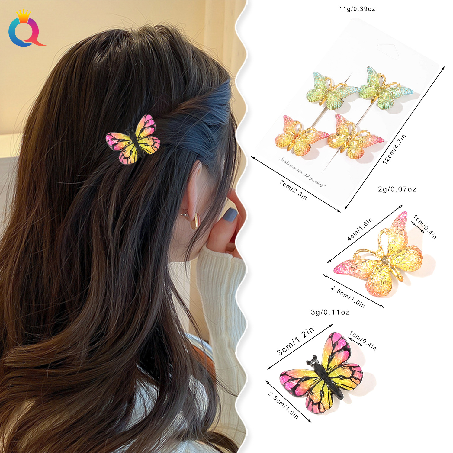 Qiyue cute butterfly duckbill clips, gradient color small hairpins, bangs clips, high-end hairpins and hair accessories wholesale details Picture