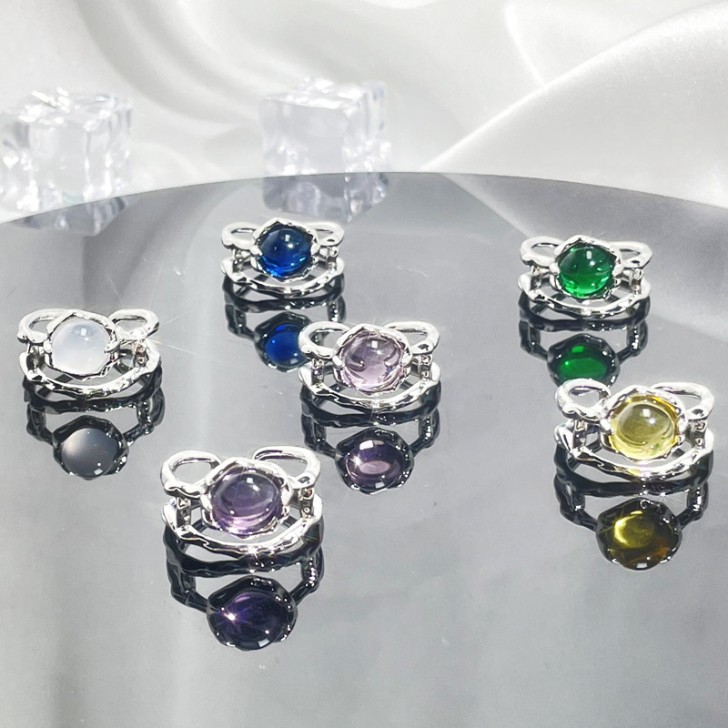 Sweet and cool style candy colored moonstone fashionable and individual open ring, high-end and elegant, cold style versatile ring details Picture