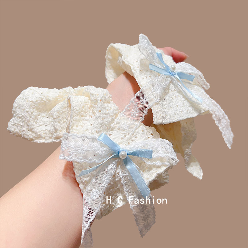 Korean-style fresh and clean bow, hollowed-out large intestine hair band, high-end look, bun hair rope at the back of the head, square scarf hair tie for girls details Picture