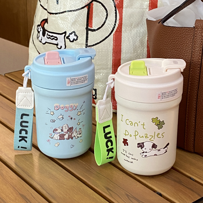 Cartoon 316 stainless steel insulated cup, cute puppy sealed straw cup, double-spout portable cup, tea and water separation Specification drawing