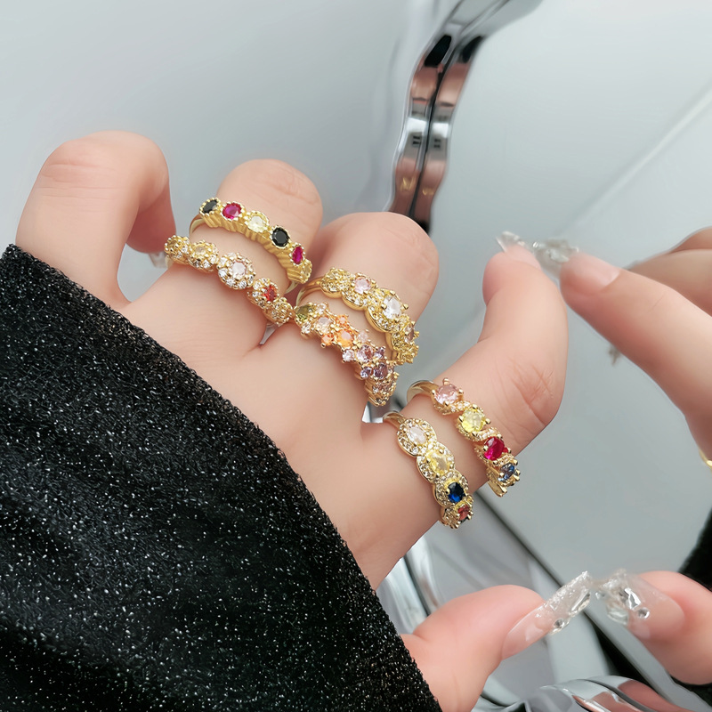 New color diamond micro-set sweet and cool open ring for women's ins, cold style, light luxury, high-end and elegant, niche index ring Specification drawing
