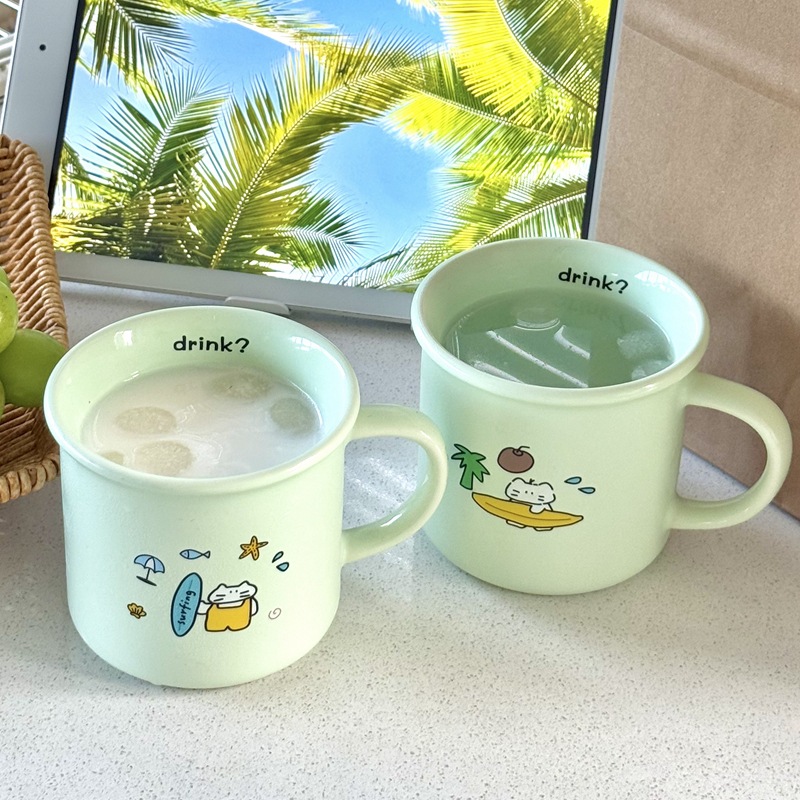 Homemade ins Surf Cat mug birthday gift for girls, high appearance level, island style mint milk green ceramic cup Application Scenario