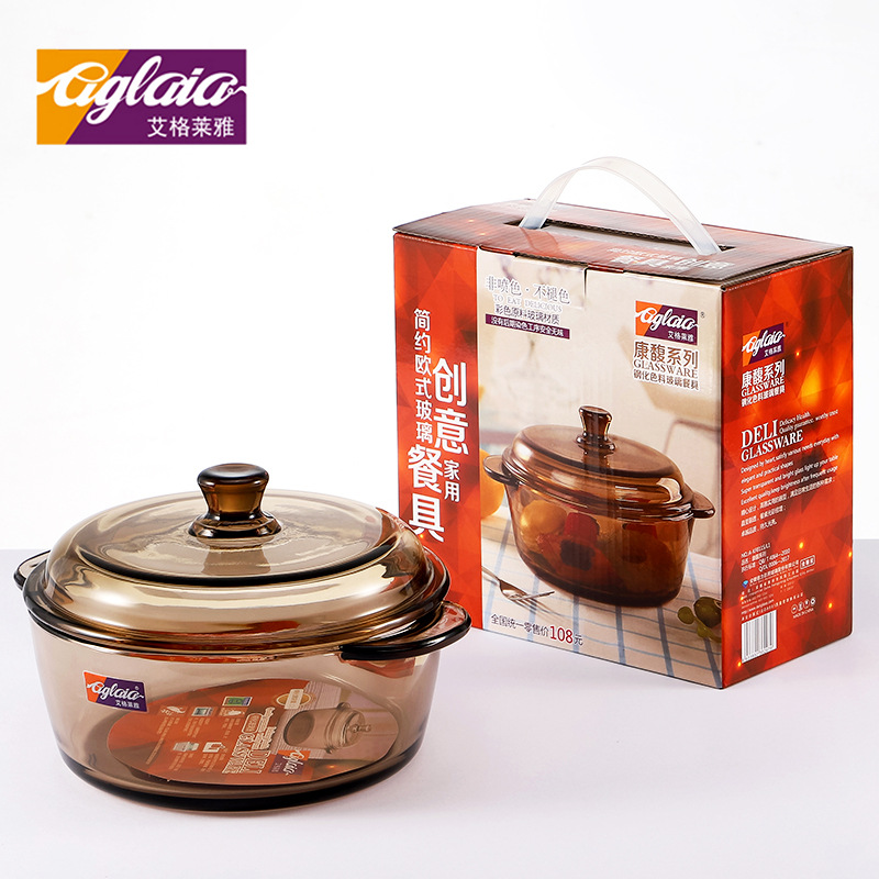 Jingjia double-ear tempered glass pot bowl, heat-resistant glass dinner plate and soup bowl, Kangfu series tableware gift set full figure