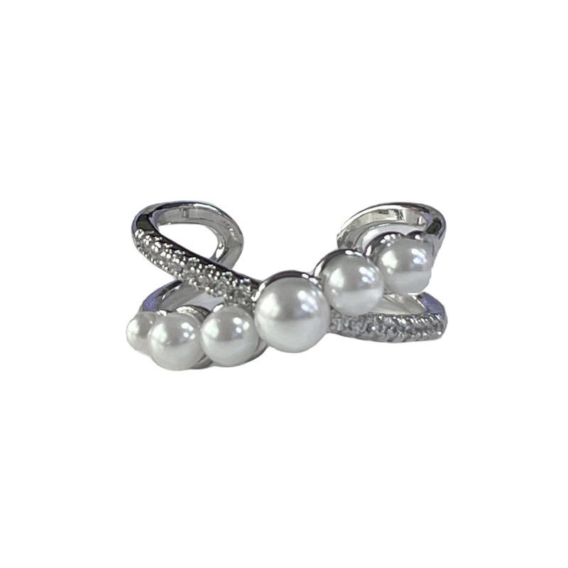 European and American ins letter diamond-encrusted high-end ring, niche design sense pin, exquisite pearl cross opening ring Item Picture