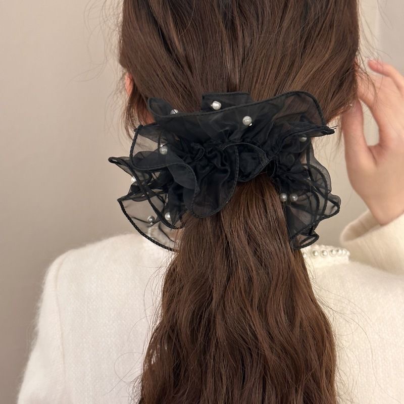 The new Korean organza sweet and ethereal stud pearl large intestine loop hair tie, double-layer lace bun hair tie details Picture