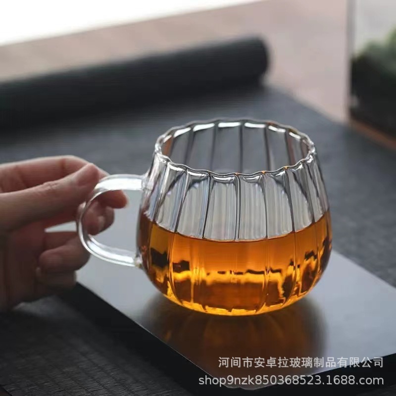 Customized high-temperature resistant handle milk cups, coffee cups, high appearance level pumpkin cups, household glass water cups, high borosilicate Specification drawing