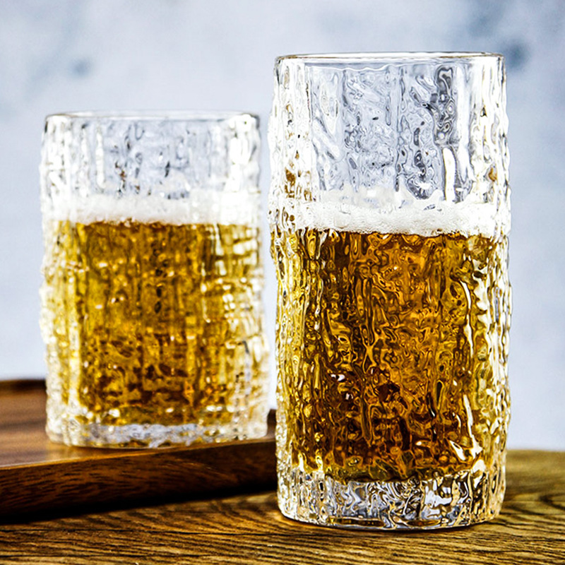 ins bark-patterned glass water cup, women's forest-themed niche relief glass cup, summer juice drink milk cup Specification drawing