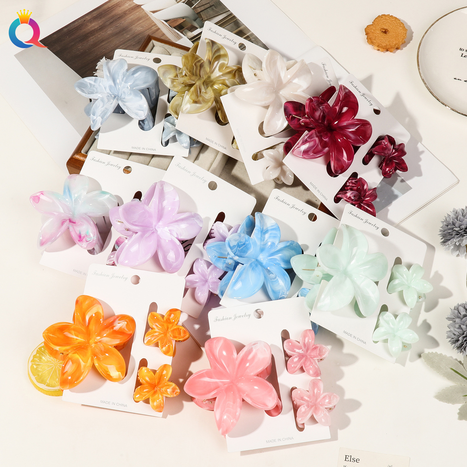 Qiyue Cross-border Best-selling Frangipani hairpin Set, vacation flower hairpin, shark hairpin for the back of women's heads details Picture