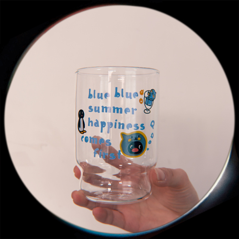 Retro blue queer glass cup, cartoon and simple high borosilicate water cup, high-temperature resistant coffee cup, milk breakfast cup Item Picture