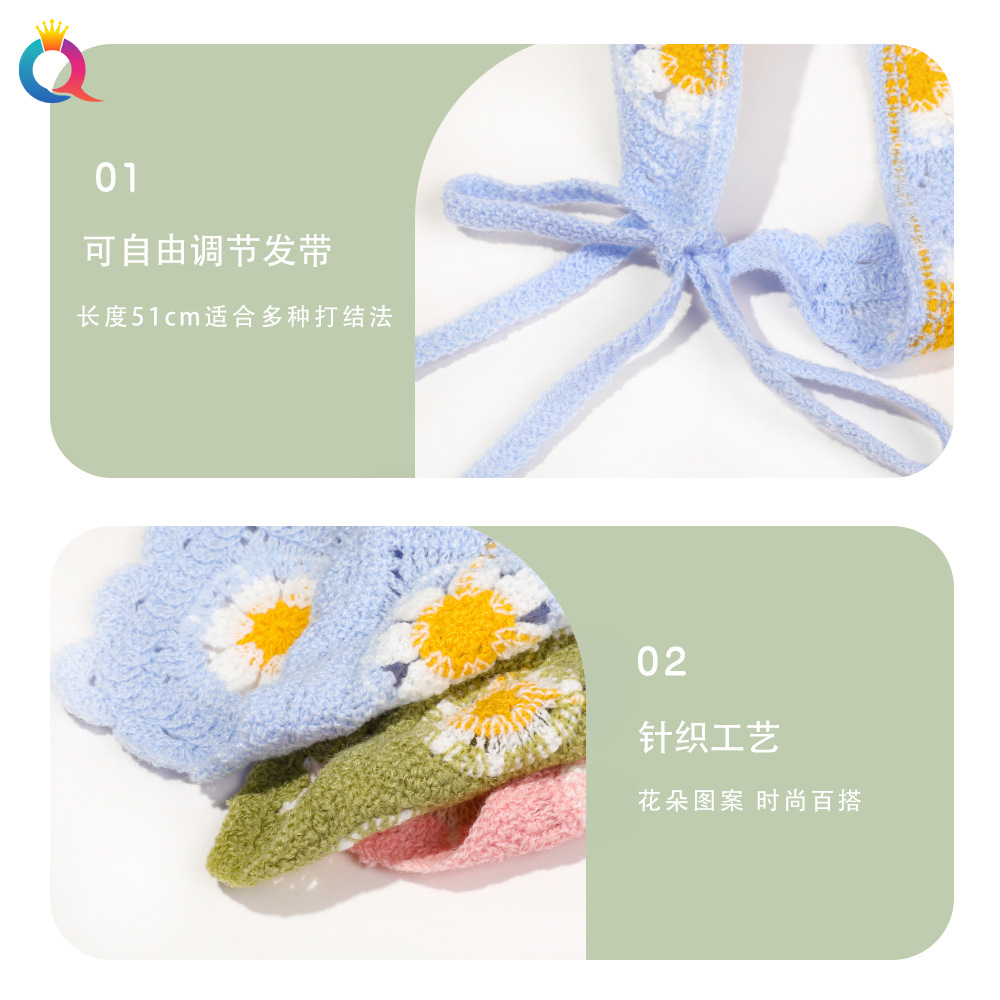 Qiyue Cross-border Knitted triangular headscarf, Daisy headband, French Country Style triangular headscarf, sun protection hair accessory, headwear wholesale Specification drawing