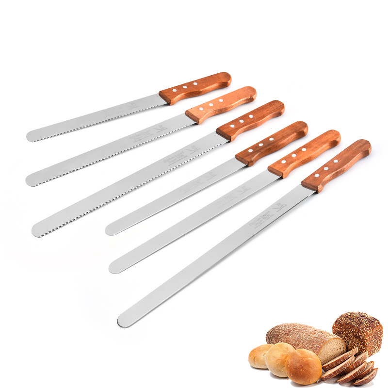 Stainless steel woodblock bread knives, cake spatulas, toast slicing knives and baking tools in stock Item Picture