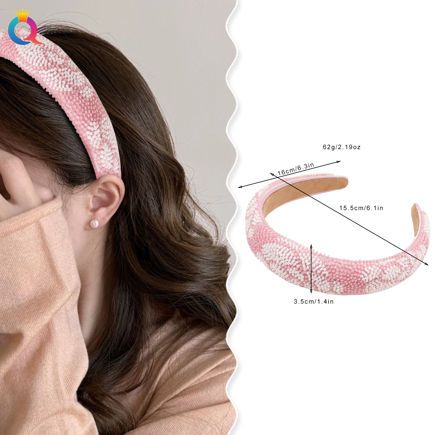 Qiyue Cross-border Rice Bead Heart-shaped headband, Full Diamond Valentine's Day headband, High top of the head, high-end hairpin accessories wholesale details Picture