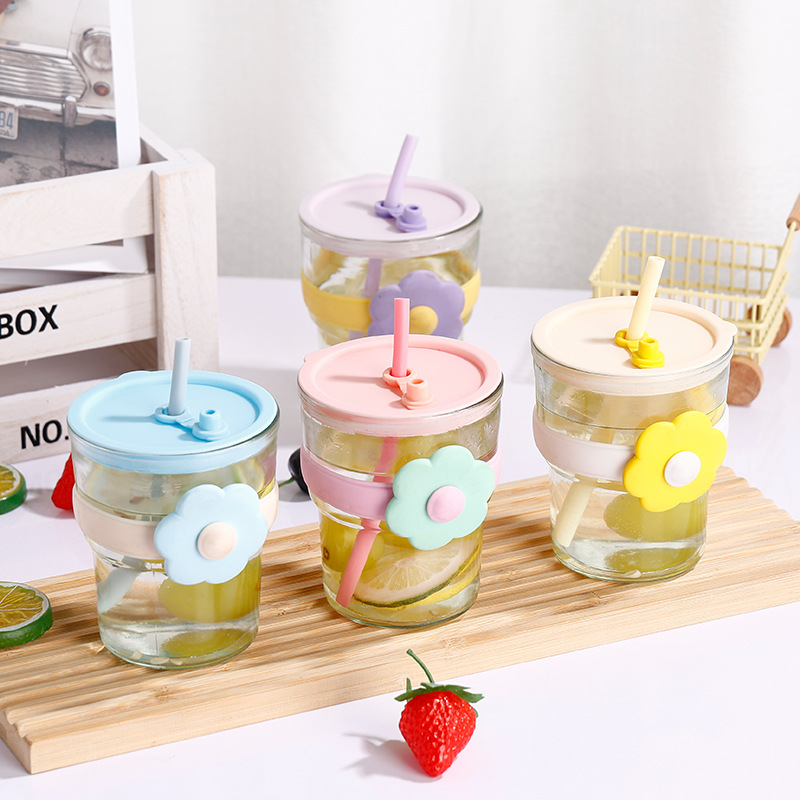 New glass straw cup, ins double-drink coffee cup, advertising souvenir gift water cup, high appearance level bamboo joint flower cup full figure