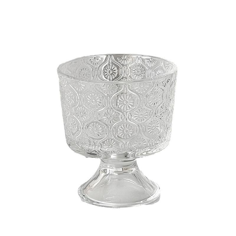 High-appearance-level glass cups, high-footed dessert cups, niche coffee cups, juice, yogurt, ice cream, retro embossed cups Item Picture