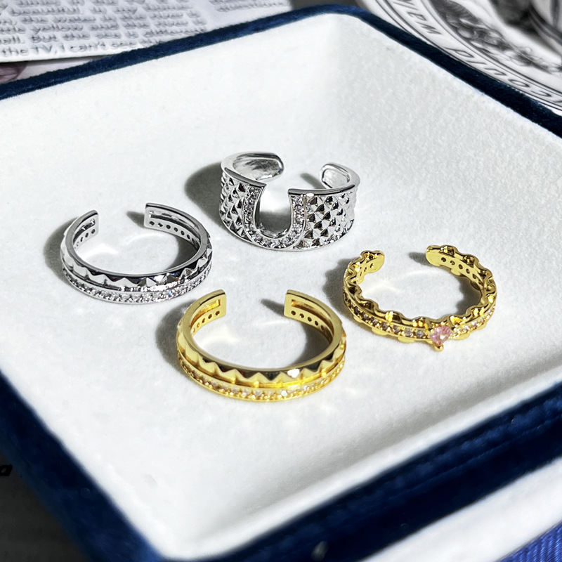 Old money style diamond-patterned simple and versatile ins diamond ring, a women's niche high-end, exquisite and light luxury open ring full figure