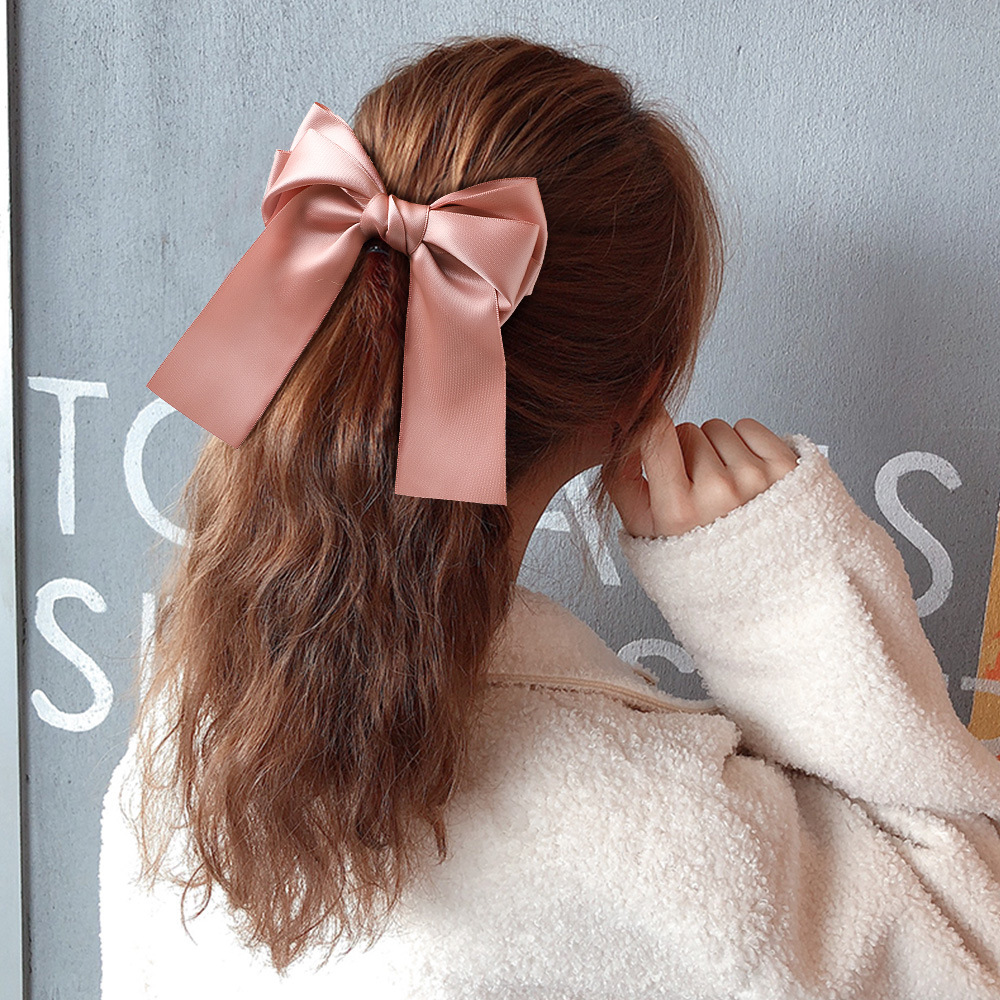 Qiyue European and American three-layer satin fabric color ding double-sided spring clip long ribbon ribbon bow hair clip C195 details Picture