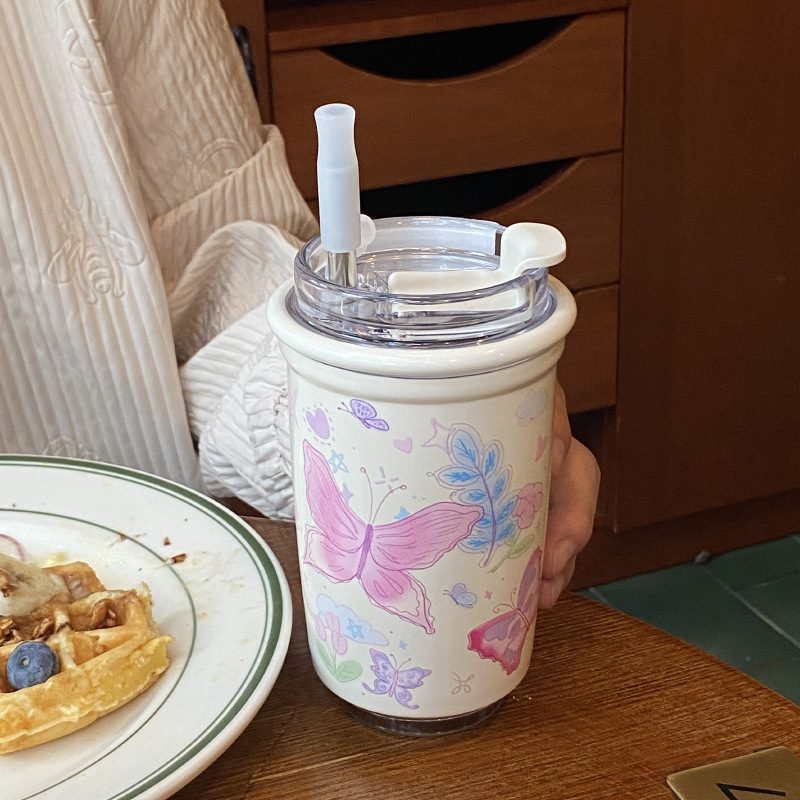 Self-made forest-style butterfly stainless steel straw insulated cup, Dream Garden travel cup, car water cup and coffee cup Specification drawing