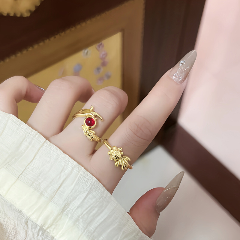 The trendy and ethnic style goldfish niche open ring for women with a unique design sense and a fashionable and cold koi style ring details Picture