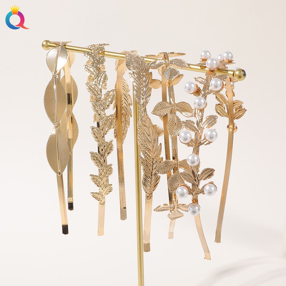 Qiyue Cross-border Metal Leaf headbands, popular bride headbands in Europe and America, golden leaf hair clips, headwear and hair accessories wholesale Specification drawing