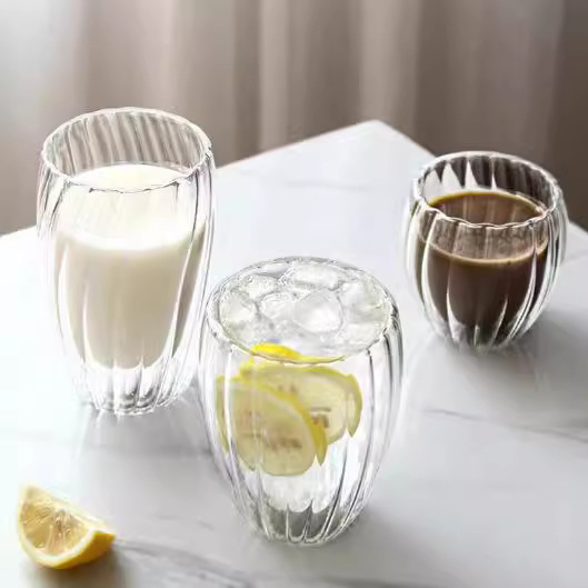 Striped water cup, high borosilicate glass vertical striped double-layer cup, household double-layer heat-insulating drinking cup, juice cup, beverage cup details Picture